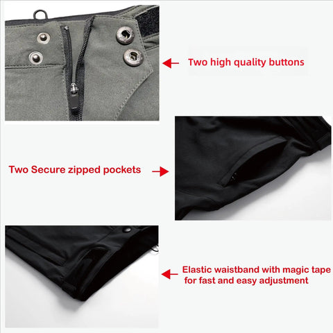 Close-up of Kids Mountain Bike Pants for Boys, Quick Dry, Lightweight, Breathable MTB pants showing zippers, buttons, and waistband details.
