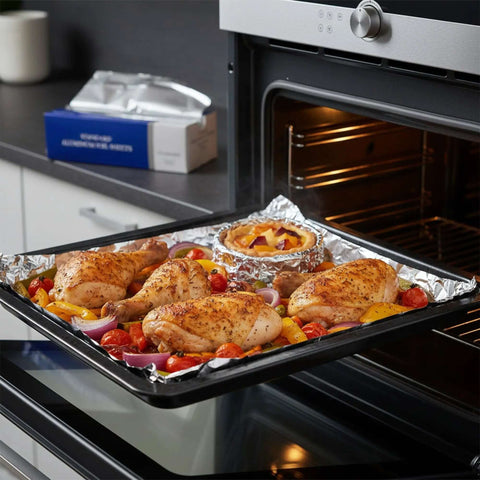 Chicken and veggies on tray lined with Pre Cut Aluminum Foil Sheets 12x12 Pop Up Box Of 500 For Easy Food Wrapping in home kitchen oven.