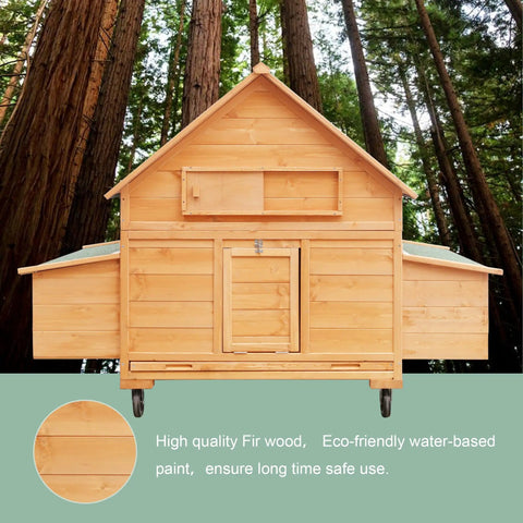 Front view of Mobile Beefy Wooden Chicken Coop On Wheels For 6 To 8 Chickens in natural setting with fir wood finish.