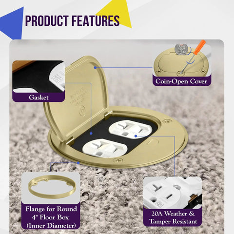 Brass flip lid floor box cover 4 inch diameter with 20A tamper weather resistant duplex receptacle and watertight gaskets UL listed.