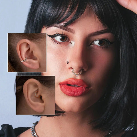 Blade Wings Septum Ring With V Shape Hinged Segment Clicker 16G 8mm 316L Surgical Steel Silver Nose Jewelry shown on person