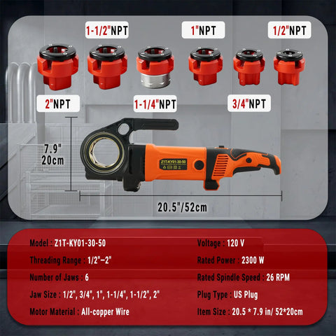 Heavy Duty Electric Pipe Threader Kit With 2300W Copper Motor, 120V Handheld Threading Machine With 6 NPT Dies and dimensions