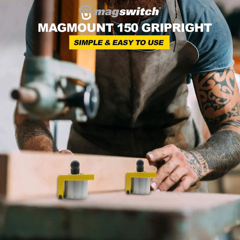 Person using MagMount 150 GripRight 90 Degree Switchable Magnet For Industrial Fixtures And Work Benches in woodworking.