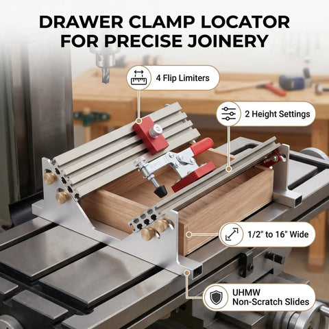 Heavy Duty Aluminum Table Saw Spline Clamp Jig With Four Flip Limiters And Uhmw Gliding Tracks For Dead Nuts Woodworking Joint Alignment, featuring 4 limiters and 2 height settings.