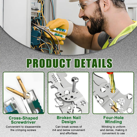 18 In 1 Foldable Wire Stripper With Voltage Detector used by electrician for wiring, showing screwdriver, broken nail, and winding features.