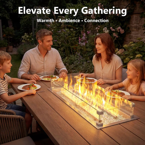 30 Inch By 10 Inch Drop In Fire Pit Kit With Premium Stainless Steel Trough And Tempered Glass Wind Guard Built In Outdoor Table Flame Feature For Patio Backyard And Entertaining