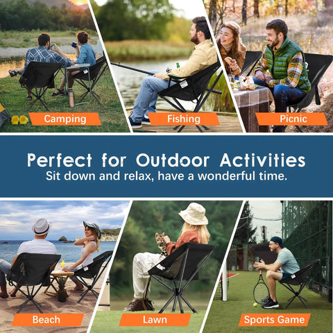 Lightweight Portable Folding Camping Chair With 360 Degree Rotation, 8 Second Quick Setup, Easy Carry, 3.8 Lb Ultra Lightweight Seat used outdoors for camping, fishing, picnic, beach, lawn, sports.