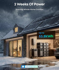 Rock Solid Portable Power Station Bundle With A Rapid 400W Solar Panel And Massive 3840Wh Battery outside a snowy home.
