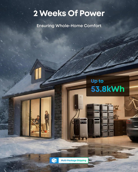 Rock Solid Portable Power Station Bundle With A Rapid 400W Solar Panel And Massive 3840Wh Battery outside a snowy home.