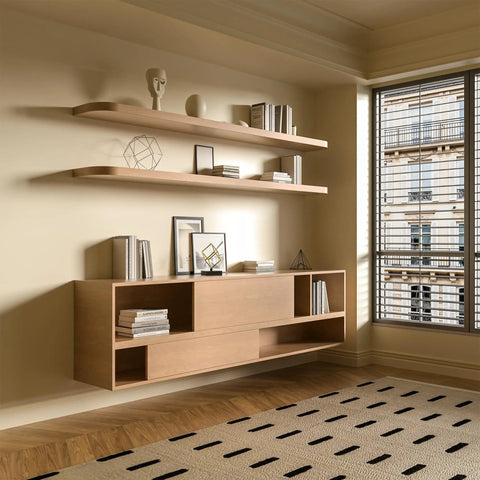 Wooden shelves mounted with Heavy Duty Floating Shelf Brackets Set Black Metal Mantel Brackets For Hidden Shelving Mounting