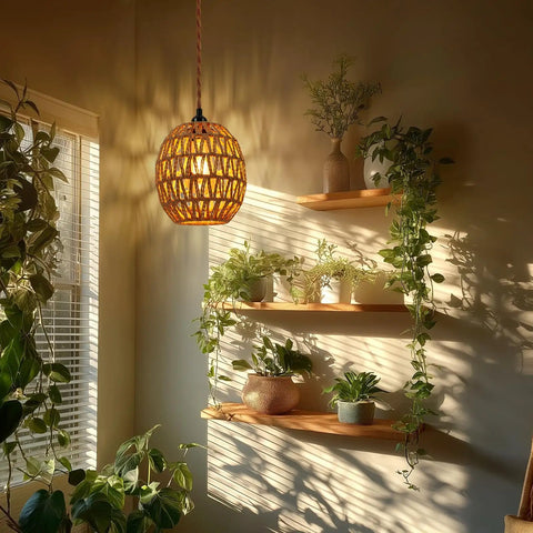 Homebody Essential Plug In Pendant Light Featuring Hand Woven Rattan And Wicker Egg Shade With 15 Ft Cord, illuminating a cozy living room.