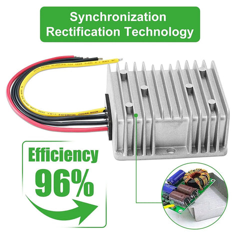 Rugged 12V Buck Converter Regulator Module From 18V To 60V Input Waterproof IP68 240W 20A Output showing efficiency and technology