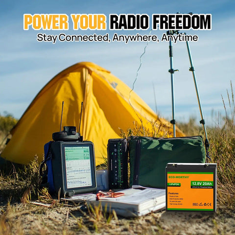 12V 20Ah LiFePO4 Battery With BMS For Fish Finder, Ham Radio, Solar System And Outdoor Camping next to camping equipment
