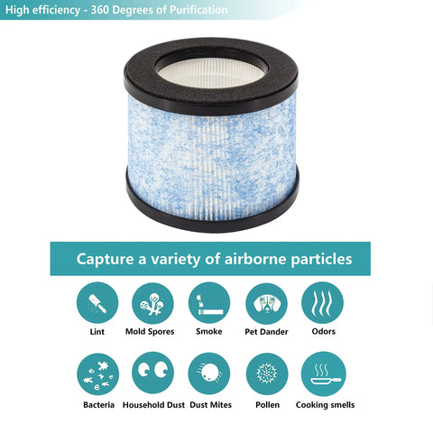 Two Pack H13 MA-01CW True HEPA Filter Replacement For Miko Ibuki Air Purifier C102 with icons of captured particles
