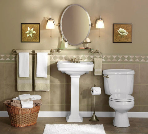 Decorative Glass Bathroom Vanity Shelf 22.75 Inch Wide By 5 Inch Deep With Brushed Nickel Finish above sink in styled bathroom