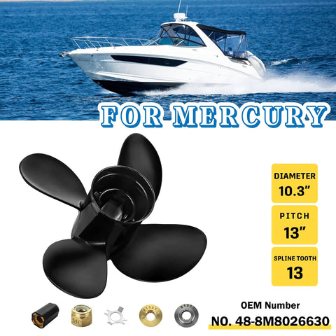 10.3 X 13 Aluminum Outboard Boat Propeller, 4 Blade, Right Hand Turn, 13 Spline Hub Kits Included, Mercury 25-60HP Compatible, Upgrade Prop For Faster Planing And Responsive Acceleration