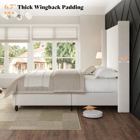 Chill In Style With This Super Comfy Queen Upholstered Bed Frame Featuring A Tall 63 Inch Corduroy Wingback Headboard In Classic Cream Fabric For Ultimate Bedroom Vibes And Solid Nightly Rest, showcasing 6.7" thick wingback padding.