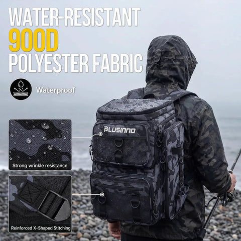 Fishing Tackle Backpack With Rod Holders For Anglers 42L Waterproof Gear Bag Keeps Tackle Reels And Lures Secure Durable 900D Polyester