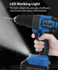 Cordless Drill Set With Brushless Motor 20V Max Drill Driver Kit Includes Charger 1/2 Inch Chuck 620 Inch Pounds Torque Dual Speed Built In LED Light For Quick and Smooth Drilling shown in hand with LED light on.