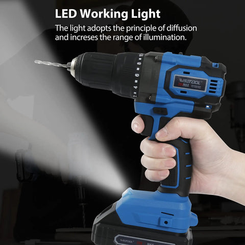Cordless Drill Set With Brushless Motor 20V Max Drill Driver Kit Includes Charger 1/2 Inch Chuck 620 Inch Pounds Torque Dual Speed Built In LED Light For Quick and Smooth Drilling shown in hand with LED light on.