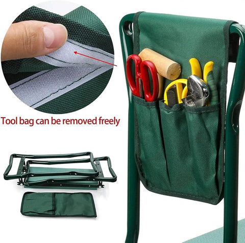Your Go To Garden Kneeler Seat Folding 2 In 1 Kneeling Chair With Handles And Foam Padded Seat Garden Bench, shown with removable tool bag.