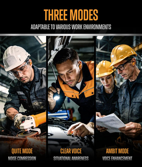 Three workers using electronic shooting ear protection with noise canceling muffs in various work environments, highlighting three modes.