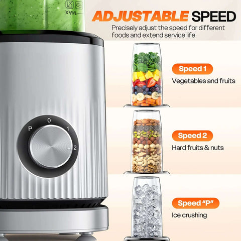 Kickass Portable Smoothie Blender For Shakes And Protein Drinks showing adjustable speed settings and ingredients like fruits, nuts, and ice.