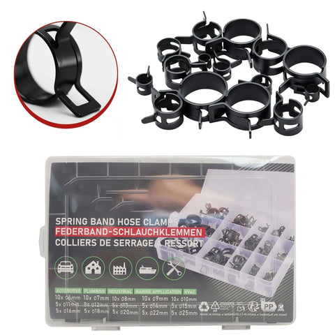 Grab This Awesome 130-Piece Spring Band Hose Clamp Kit With Swivel Pliers Perfect For Fuel Lines Silicone Tubes And Radiator Pipes Featuring Constant Tension Design And Dacromet Coated 65Mn Steel In 15 Sizes To Keep You Rolling Smooth On The Road Without. spring band hose clamps, 15 sizes, 65Mn steel, in organizer case