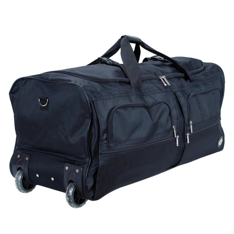 Rockland rolling duffel bag, black, 36-inch wheeled luggage with exterior pockets — side view