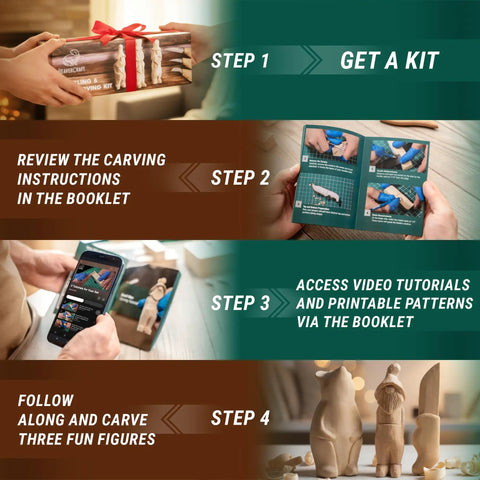 Step-by-step process for using Pro Grade Beginner Friendly Wood Carving Kit including a booklet and carved figures.
