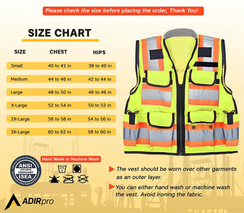 Size chart for Straight Up Durable High Visibility Class Two Safety Vest With Blazing Reflective Tape And Secure Zippered Pockets.