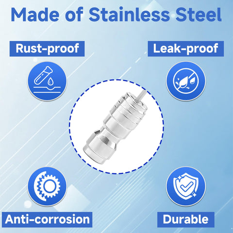 Pressure Washer Nozzle Kit With Needle Tips For Deep Cleaning Narrow Gaps And Corners Four Pack One Quarter Inch Quick Connect One To Two GPM Great For Cars Washing Machines AC Fins RV Water Heaters stainless steel nozzle with icons for rust-proof, leak-proof, anti-corrosion, and durability.