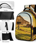 Summer Working Farm Landscape Printed Unisex Backpack with breathable straps and sturdy zipper, showing handle and side pockets