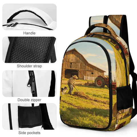 Summer Working Farm Landscape Printed Unisex Backpack with breathable straps and sturdy zipper, showing handle and side pockets