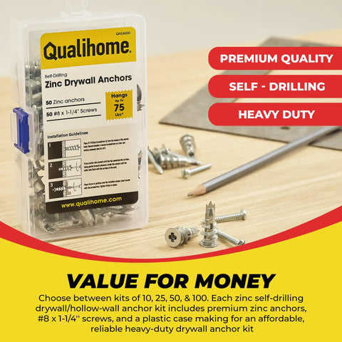 Zinc Self Drilling Drywall Anchor Kit With Screws for Hollow Walls, size 8, 50 pack shown with packaging and anchors.