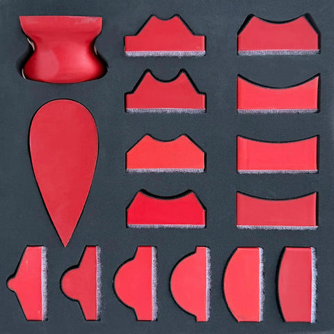 No Fuss Hand Sanding Block Set Of 16 With Hella Durable Foam Pads, variety of red shaped pads for precision sanding tasks.