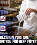 Fry Powder Oil Stabilizer And Filter Aid For Deep Fryers 72 Size B Sachets 240 Milliliters Each Keeps Fry Oil Cleaner Longer Saves Grease And Removes Carbon Deposits Improves Fryer Performance And Hotter Fries. chef pouring sachet into commercial fryer