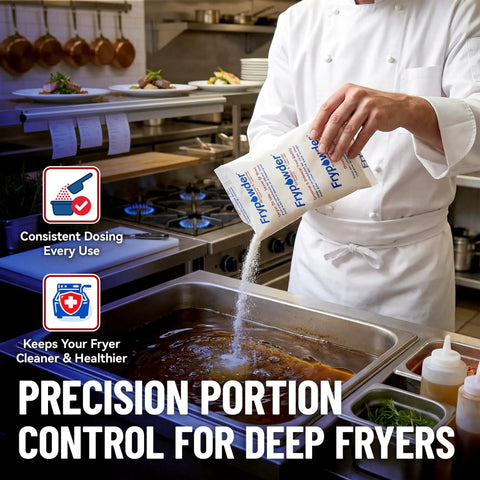 Fry Powder Oil Stabilizer And Filter Aid For Deep Fryers 72 Size B Sachets 240 Milliliters Each Keeps Fry Oil Cleaner Longer Saves Grease And Removes Carbon Deposits Improves Fryer Performance And Hotter Fries. chef pouring sachet into commercial fryer