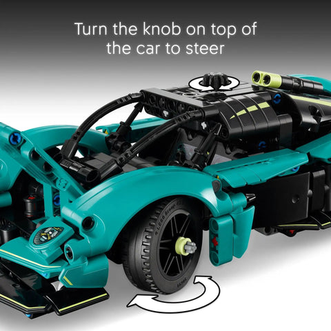 Close-up of Aston Martin Valkyrie Dope Building Kit showcasing the steering knob and working gears for kids 9 plus.