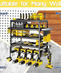 Rock Solid Five Tier Wall Mount Power Tool Organizer Rack For Garage Storage with drills and tools on a pegboard.