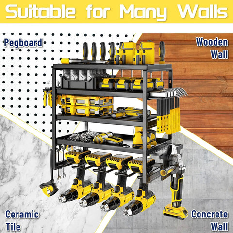 Rock Solid Five Tier Wall Mount Power Tool Organizer Rack For Garage Storage with drills and tools on a pegboard.