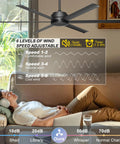 60 Inch Ceiling Fan No Light With Remote And App Control Quiet DC Motor Indoor Outdoor Ceiling Fan For Patio Garage Shop Industrial Aluminum Blades In Black installed in living room with control features displayed.