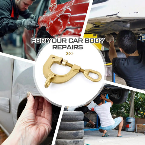 Beefy Heavy Duty 3 Ton 2 Way Auto Body Dent Puller Clamp Set Galvanized Steel Frame Clamps with various auto repair scenes.