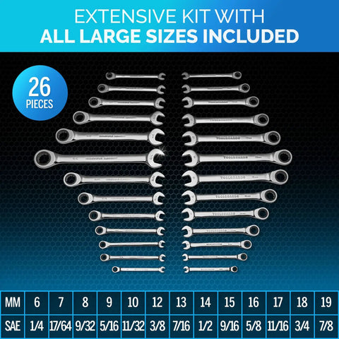 Ratcheting Wrench Set With Slim Profile 26 Piece Metric And Standard Wrenches For Auto Repair Mechanical Work And DIY Home Projects Pro Grade Chrome Vanadium Build With Rack Organizer, displayed in a triangle layout with various sizes labeled.