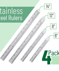 Metal Straight Edge Ruler Set With 4 Stainless Steel Rulers In 6 Inch, 8 Inch, 12 Inch And 14 Inch For Your Drafting, Drawing, And DIY Projects, Imperial And Metric Measurements With 1/64 Inch And 1/20 Cm Etched Marks displayed in four sizes