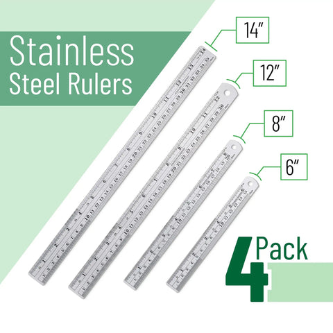 Metal Straight Edge Ruler Set With 4 Stainless Steel Rulers In 6 Inch, 8 Inch, 12 Inch And 14 Inch For Your Drafting, Drawing, And DIY Projects, Imperial And Metric Measurements With 1/64 Inch And 1/20 Cm Etched Marks displayed in four sizes