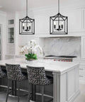 Modern kitchen with Dope Three Light Industrial Farmhouse Chandelier In Matte Black With Square Cage Pendant over island