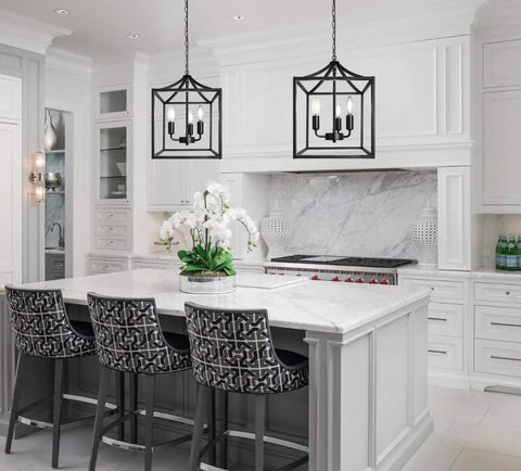 Modern kitchen with Dope Three Light Industrial Farmhouse Chandelier In Matte Black With Square Cage Pendant over island