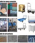 Image showing versatile settings for Four Pack Heavy Duty Pneumatic Caster Wheels Featuring Rock Solid Swivel Brackets And Wide Anti Slip Rubber Tires.