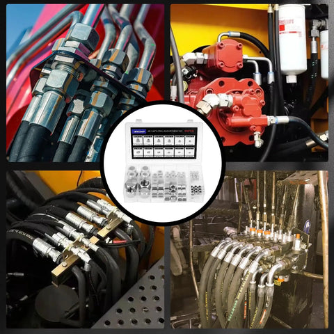 64-Piece All-In-One 37 Degree Flare Thread Cap And Plug Kit For Hose, Tube And Pipe Fittings In Galvanized Carbon Steel With Precision Threads, Dash Sizes 04 06 08 10 12 16, shown in hydraulic setups with hoses and fittings